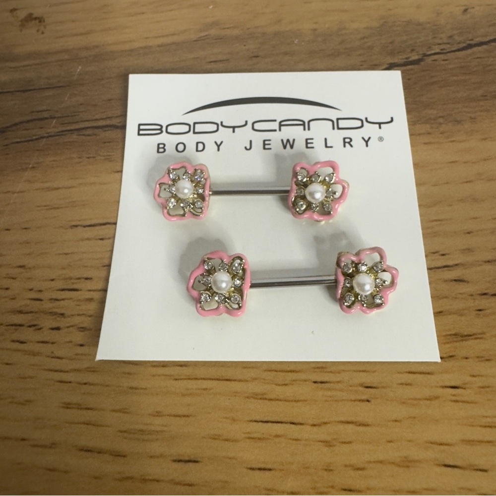 Body Candy Pink Flower Nipple Rings, Stainless Steel